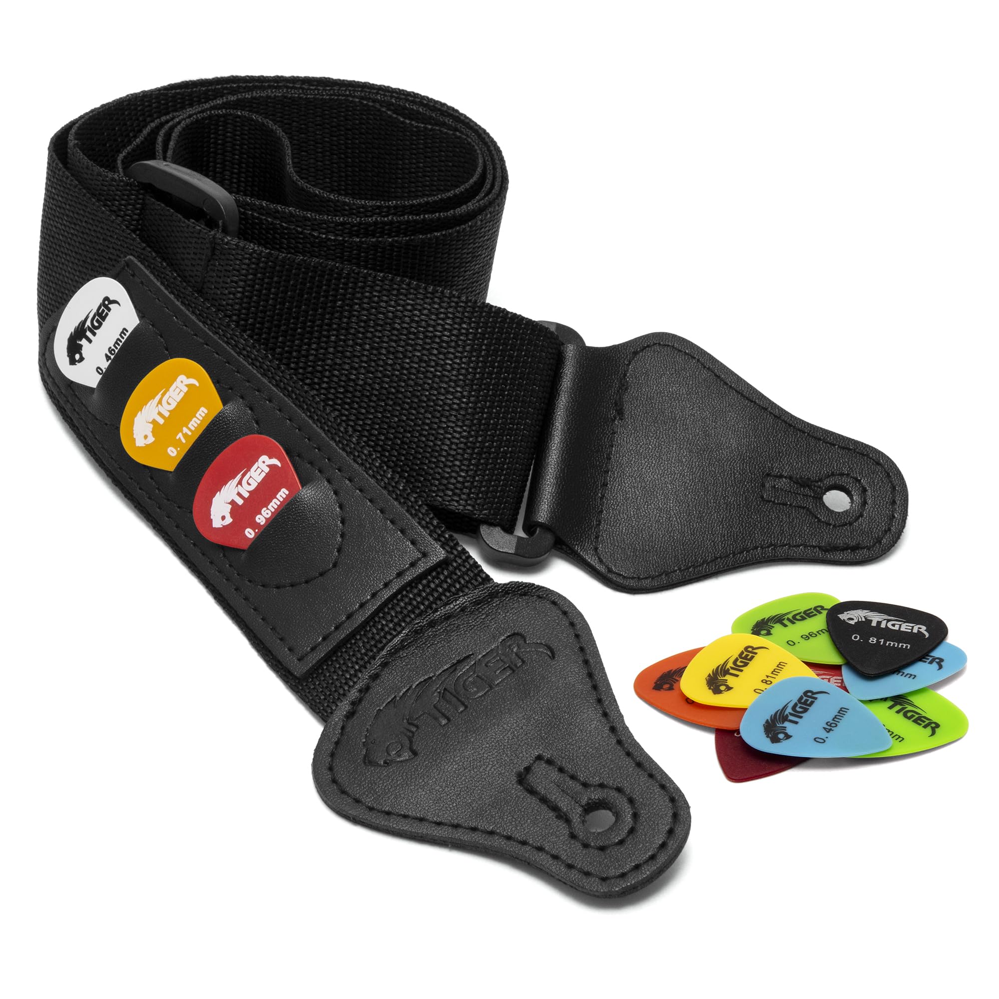 Tiger Black Guitar Strap and 12 Free Picks