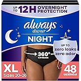 Always Discreet Adult Incontinence Overnight Underwear for Women, Extra Large, Up to 100% Bladder Leak Protection, 48 Count (3 Packs of 16)