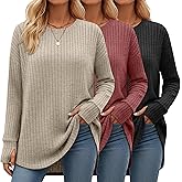 Velvelhall 3 Pack Women's Long Sleeve Tops with Thumb Hole Ribbed Crew Neck Loose Fit Shirts Fall Winter Clothes Outfits