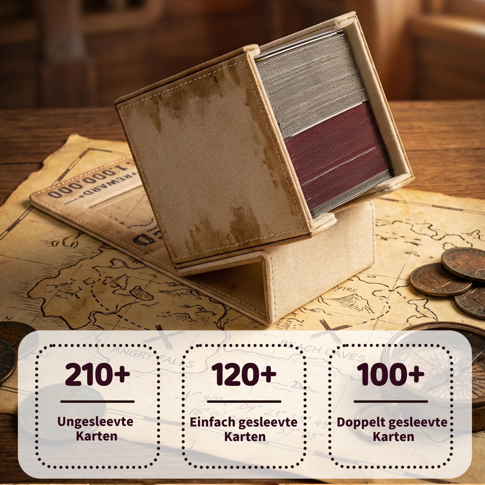 Venssu Wanted Poster Style Deckbox mit Commander Display, MTG Kartenbox für 120 Einfach Gesleevte Karten, Sammelkarten Aufbewahrungsbox aus PU-Leder mit 2 Trennwänden, kompatibel mit One Piece/TCG 2