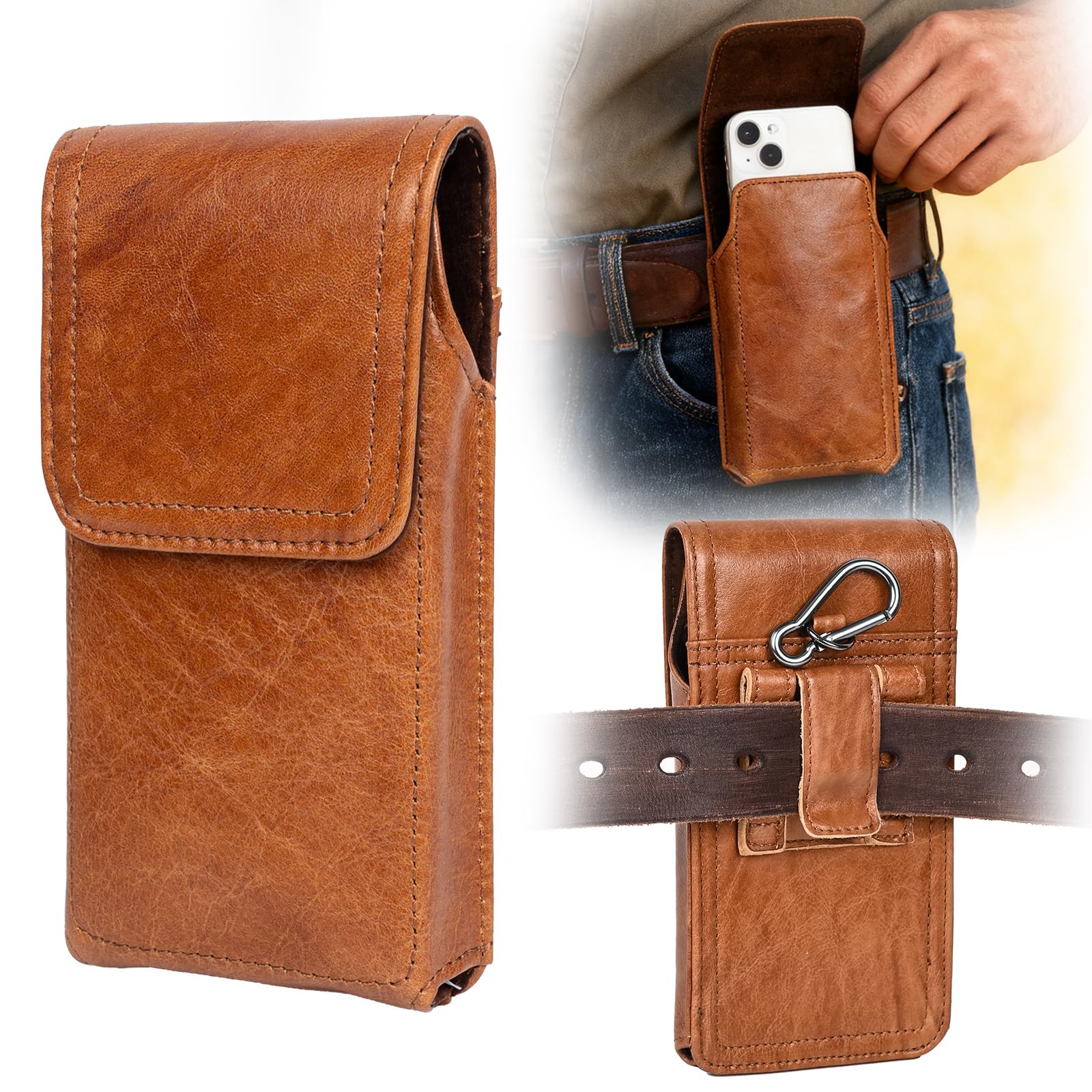 Ariscobull - Leather Phone Holster - Genuine Full-Grain Buffalo Leather Cell Phone Holsters - for iPhone 16, 15, 14, 13pro, Galaxy S24, S23, S22-6.5" x 3.6 (Brown, Medium)