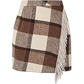 Tanming Plaid Skirts for Women High Waist Bodycon Pencil Fringe Mini Skirts Fall Winter Wool Wrap Skirt