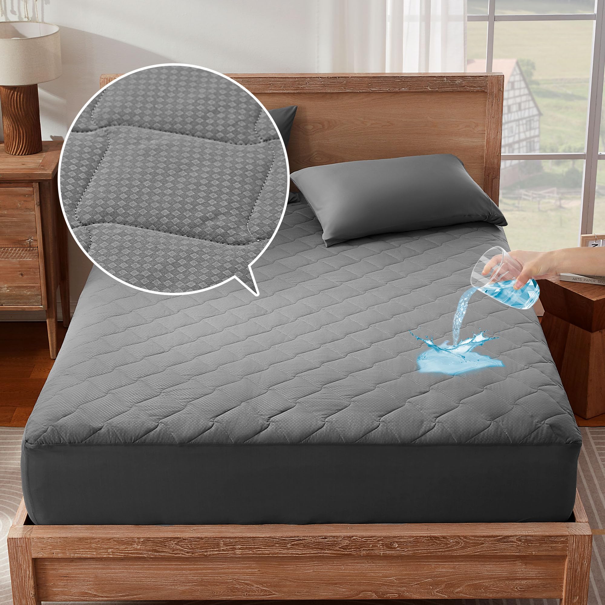 Sonvie Waterproof Mattress Protector Super King, Thin 100% Waterproof Mattress Topper Extra Deep 38cm Quilted Pad, Easy Care 180x200+38 cm Grey