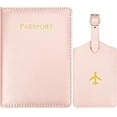 Passport Holder and Luggage Tag Sets, Mr and Mrs Passport Holder Set for Travel Leather Passport Wallet Cover Documents Organizer with Suitcase Tags for Women Men Couples Engagement Wedding Gifts,Pink
