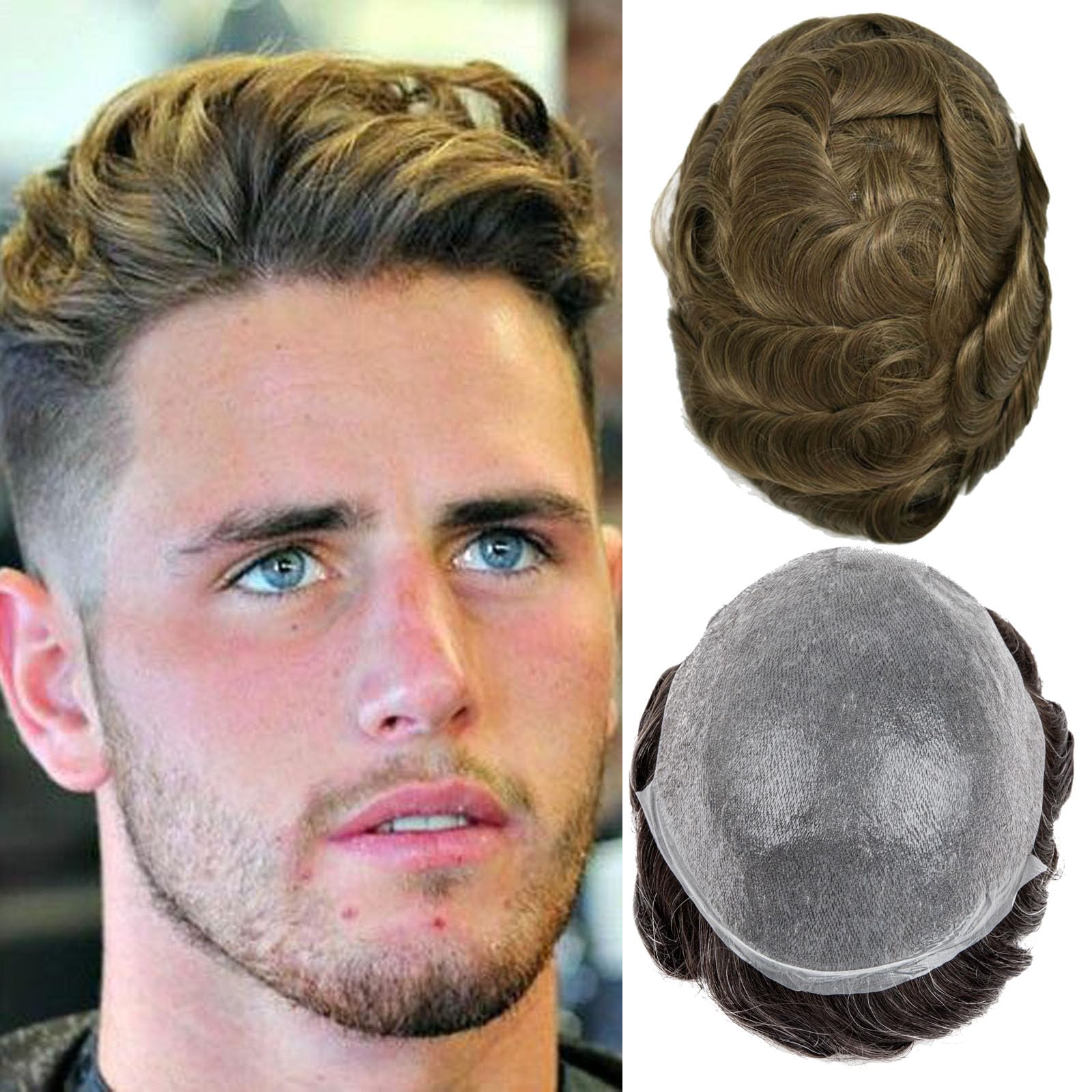 Men's Toupee Real Hair Ultra-Thin 0.03mm Skin Toupee for Men Light Medium Density Hairpiece Base Size 8x10 Inch 100% Human Hair System for Men（#7） — image 1