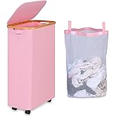 iEGrow Laundry Hamper with Wheels,Clothes Hamper for Laundry,Laundry Basket with Lid and Inner Bag, for Laundry Room, Bedroom, Dormitory Storage (Pink, 75L)