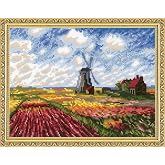RIOLIS 1643 Tulip Fields After C. Monet's Painting Counted Cross Stitch Kit | 12.99 x 9.84 in, 10 ct white Zweigart Aida, 20 wool/acrylic colors, intermediate level, chart &amp; needle included
