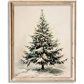 Vodefoad Christmas Tree Wall Art Vintage Rustic Xmas Winter Snowy Pine Tree Canvas Oil Wall Decor Neutral Antique Holiday Christmas Tree Painting for Gallery Bedroom Bathroom - 8x10Inch Unframe