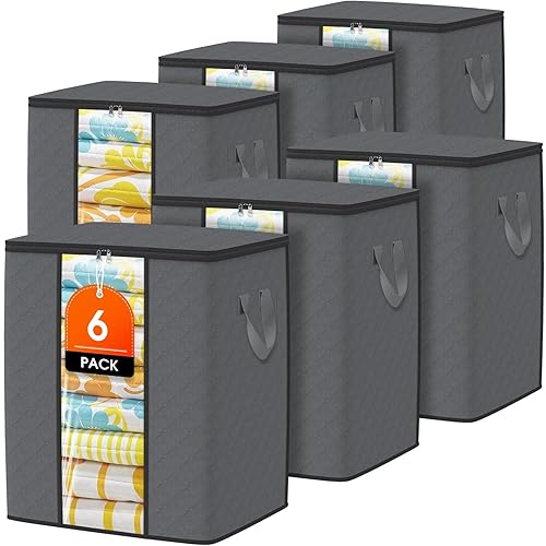 SpaceTrove Clothes Storage Bags, 6-Pack Comforter Blanket Organizers, 80L Large Capacity Containers with Visual Window for Clothing, Quilt, Sheet, Pillow, Closet Organization for Bedding (Grey)