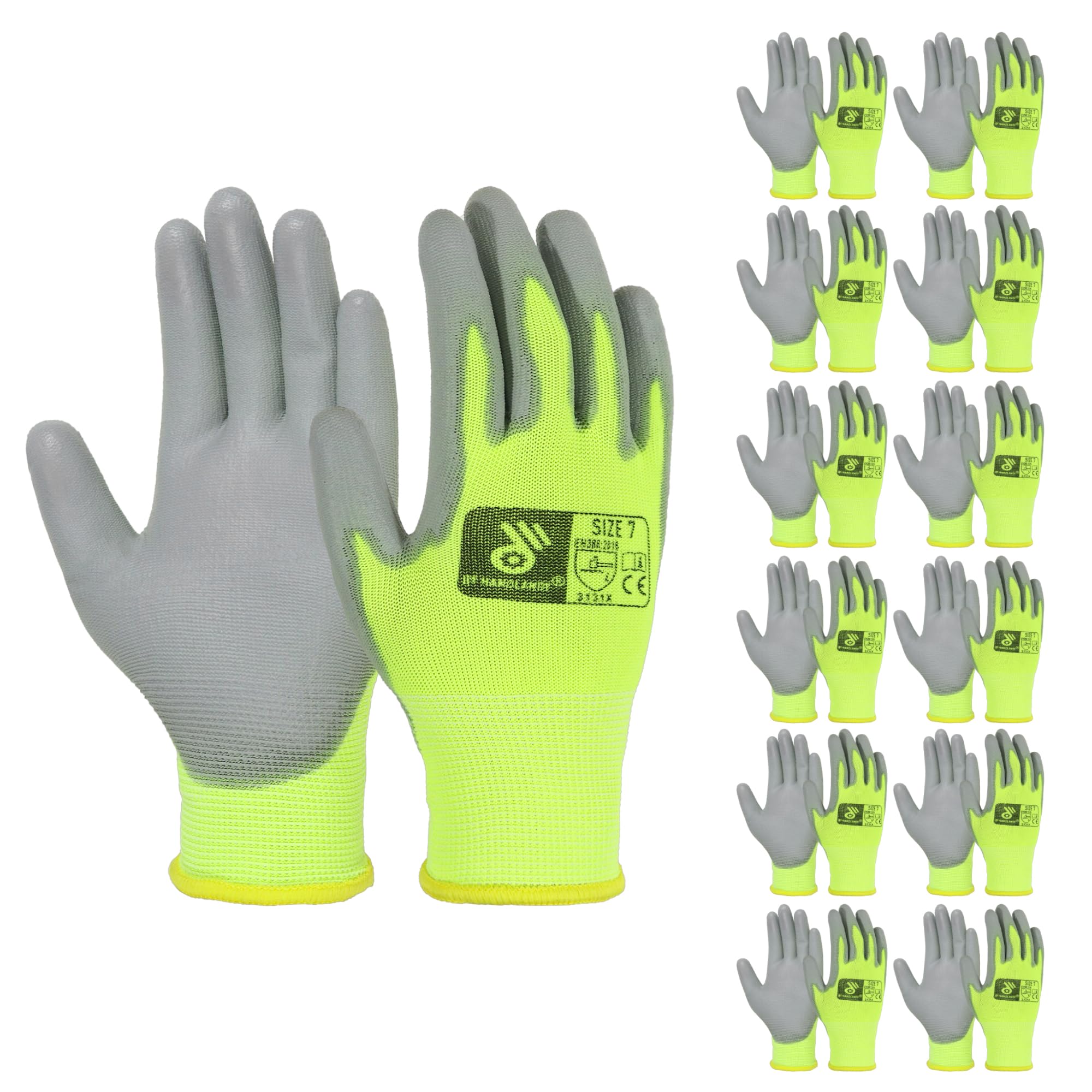 HANDLANDY 12 Pairs PU Coated Nylon Black Protective Work Gloves, Non-slip Flexible Gloves for Construction, Warehouse, Gardening (Hi-vis Yellow, Small)