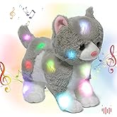 Hopearl LED Musical Stuffed Kitty Light up Singing Plush Cat Adjustable Volume Lullaby Animated Soothe Birthday Gifts for Kids Toddler Girls, Grey, 13.5''