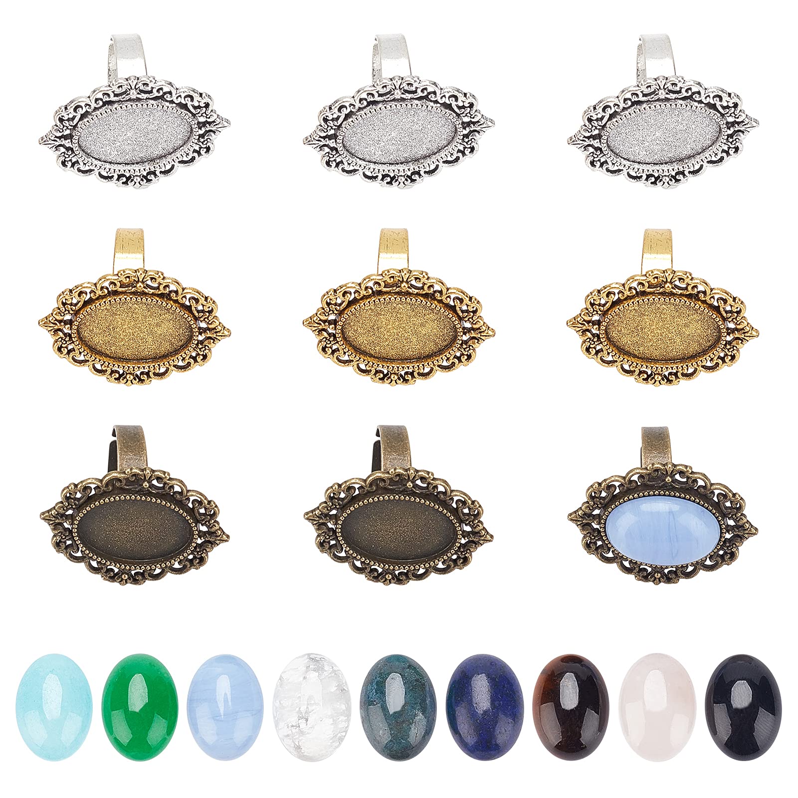 SUNNYCLUE 9Pcs Adjustable Blank Flower Cabochon Ring Bezel Settings Finger Ring Components with 9 Styles 18x13mm Gemstone Cabochons for DIY Ring Making