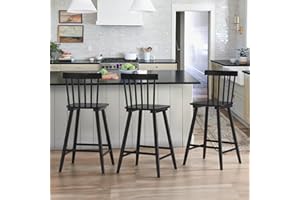 LUE BONA Windsor Wooden Bar Stools Set of 3 for Kitchen Island, Farmhouse 24 Inch Counter Height Stools Chairs with Spindle Back, Black