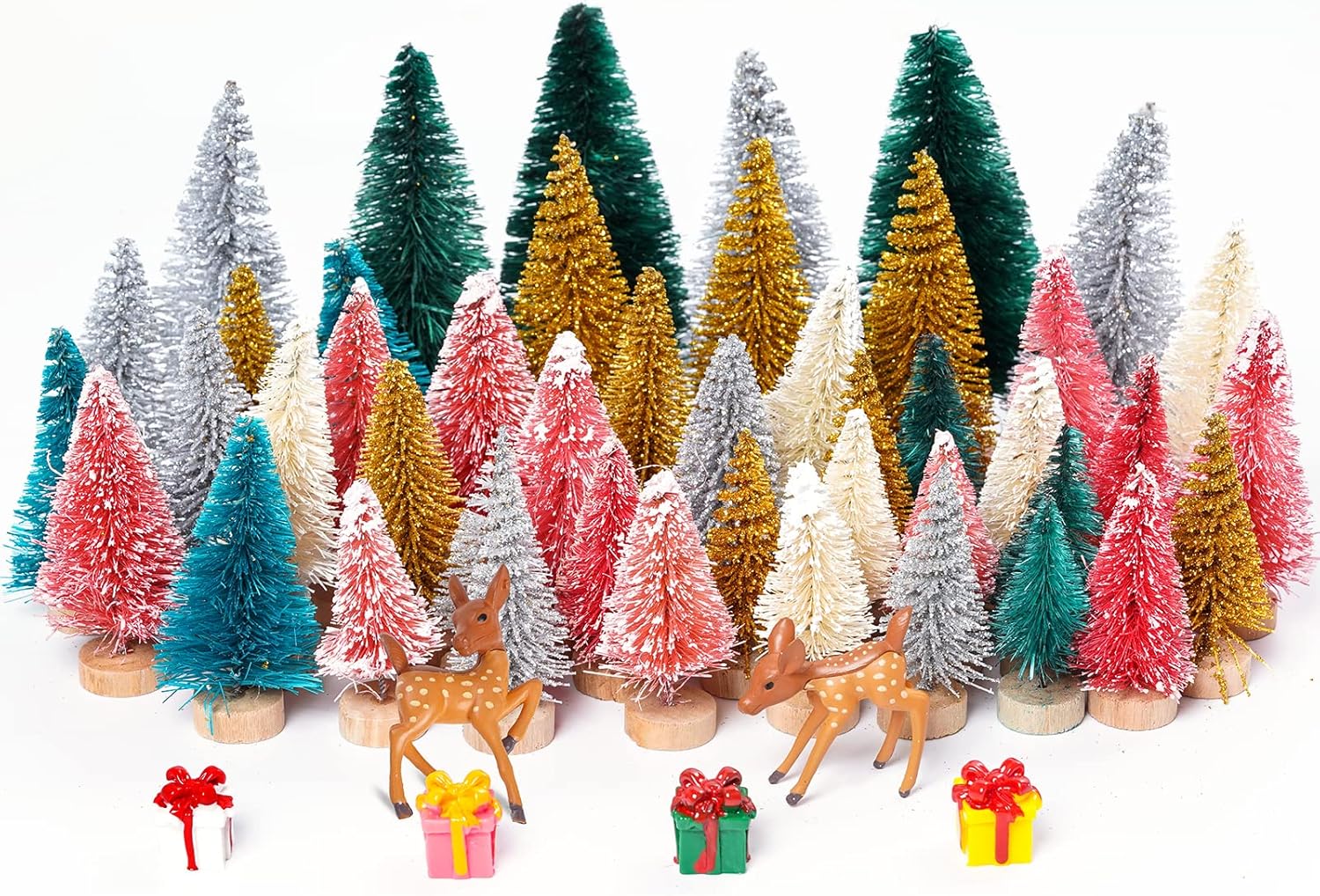 Trees - Yookat 51Pcs Mini Pine Trees Artificial Mini Trees with Wood Base Sisal Trees Bottle Brush Trees Assorted Color and Deer Boxes Winter Snow for Christmas Decoration (Multicolor-02)