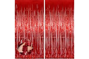 KEYALI 2 Pack 3.3 * 8.3 ft Foil Curtain Metallic Tinsel Fringe Curtains Photo Booth Props Backdrop for Birthday Wedding Engagement Baby Shower Christmas Holiday Celebration Party,Red