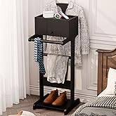 RELAHOGAR Mens Valet Stand with Drawer, Tray, Shoe Shelf and Suit Rack, Wooden Clothing Rack for Men Women, Clothes Valet Sta