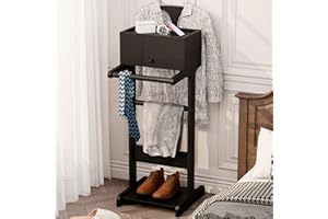RELAHOGAR Mens Valet Stand with Drawer, Tray, Shoe Shelf and Suit Rack, Wooden Clothing Rack for Men Women, Clothes Valet Stand for Bedroom Entryway