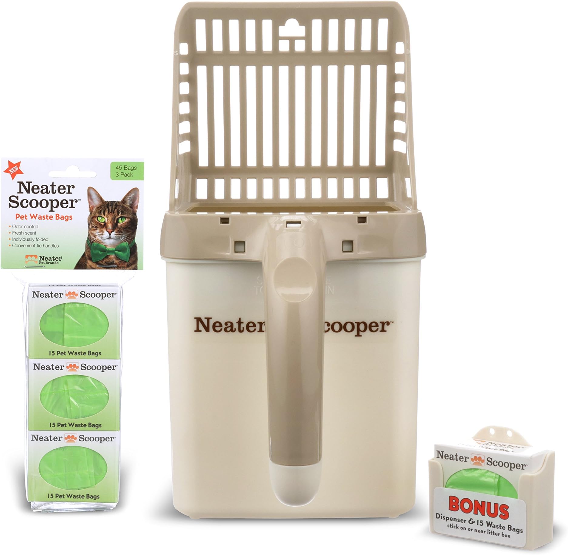 Neater Pets Neater Scooper Standard Cat Litter Scoop, 60 Refill Bags – Mess-Free Cat Litter Scooper with Bag, Spill-Proof Kitty Box Sifter, Bin Doubles as Poop Shovel Holder, For Single-Cat Households