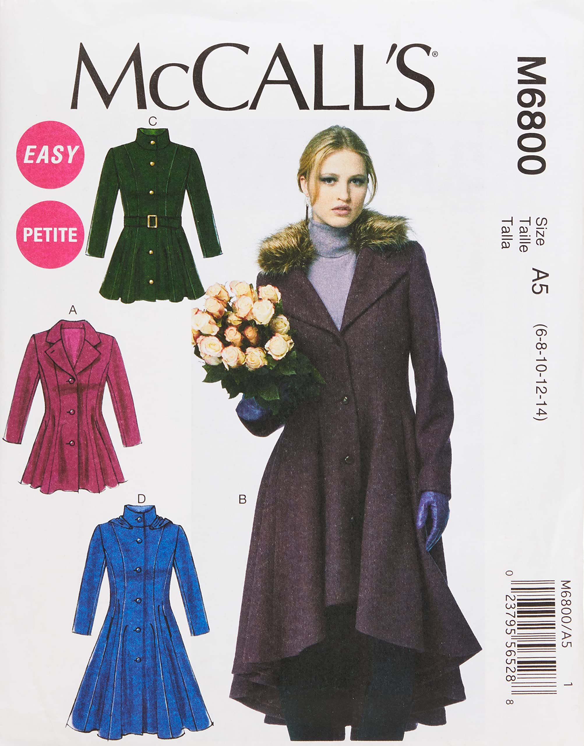 McCall's Patterns M6800 A5 6 - 8 - 10 - 12 - 14 Misses' - Miss Petite Lined Coats, Belt and Detachable Collar and Hood, Pack of 1, White, Pattern
