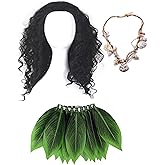 AENPIMGER Adult Polynesi Heroes Costume Mens Boys Hawaii gods Wig Leaf Hula Skirt Tutu Shell Necklace For Halloween Cosplay