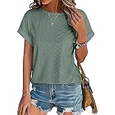 Womens Tops Crewneck Eyelet Embroidery Tops Summer Fall Fashion Clothes Loose Fit Casual Short Sleeve Blouse T Shirts
