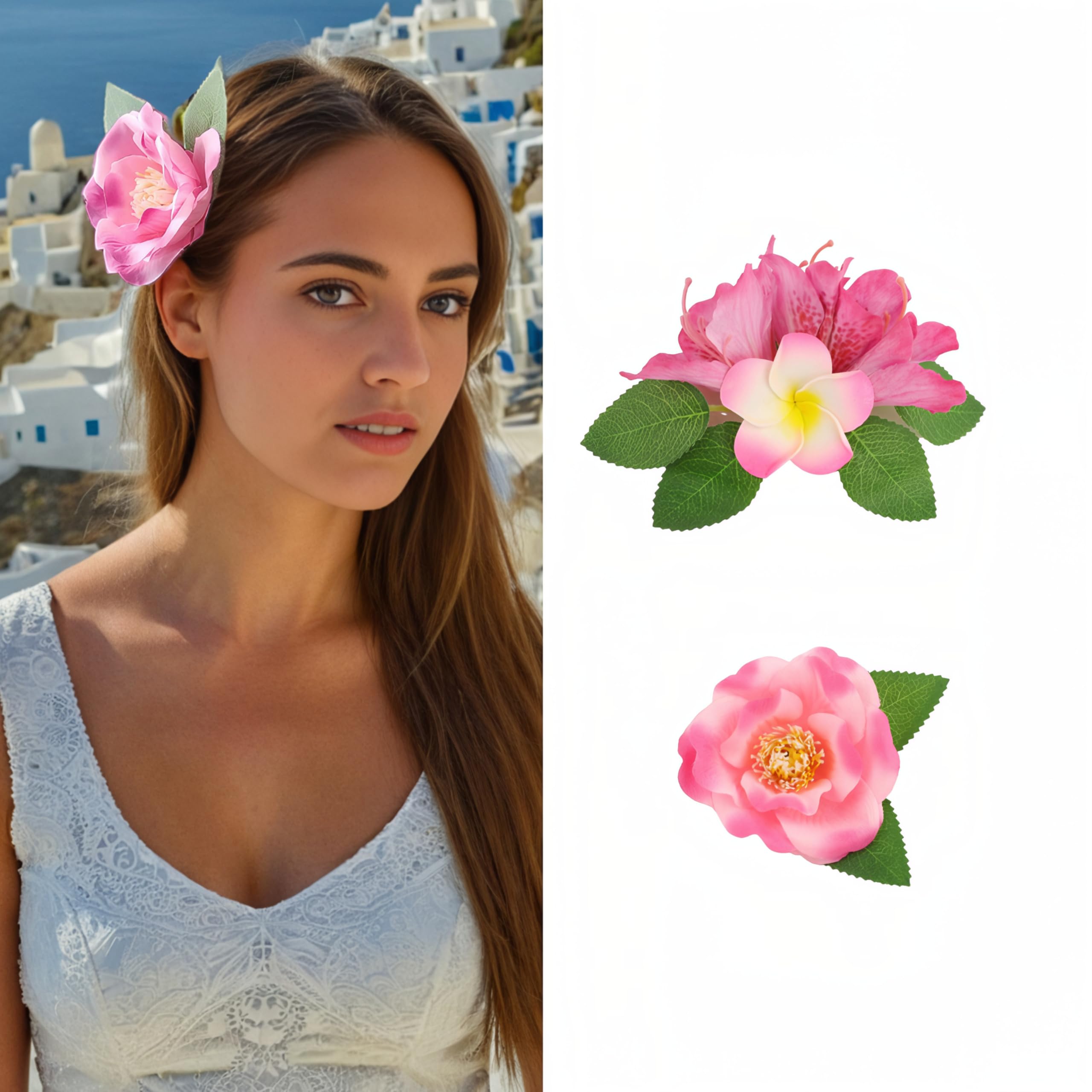 Photo 1 of 2 PCS Pink Hawaiian Flower Clips for Hair Plumeria Hair Clips Unique Camellia Flower Hair Clips for Women Bridal Wedding Birthday