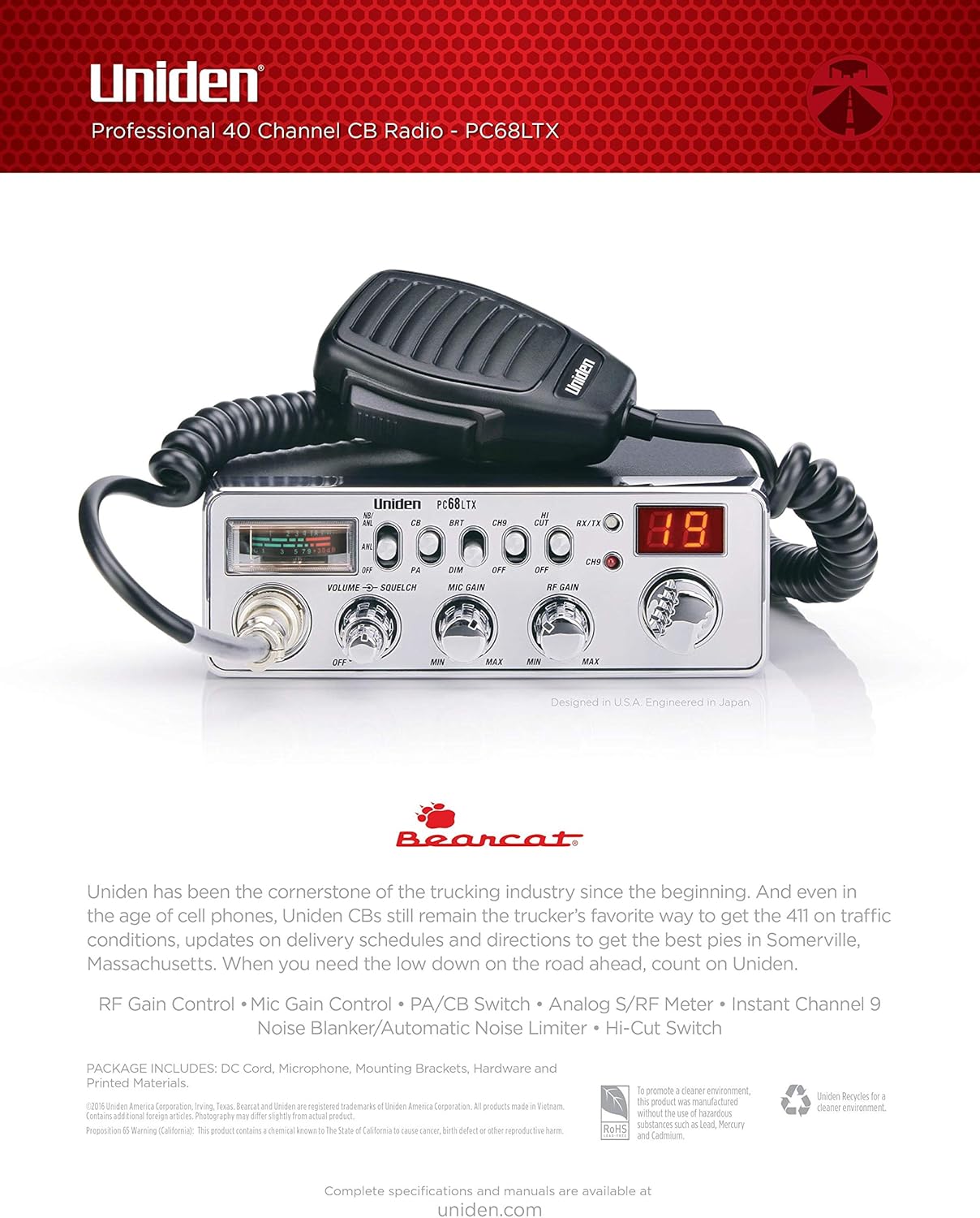 Uniden PC68LTX 40-Channel CB Radio with PA/CB Switch, RF Gain Control, Mic Gain Control, Analog S/RF Meter, Instant Channel 9, Automatic Noise Limiter, and Hi-Cut Switch,Silver