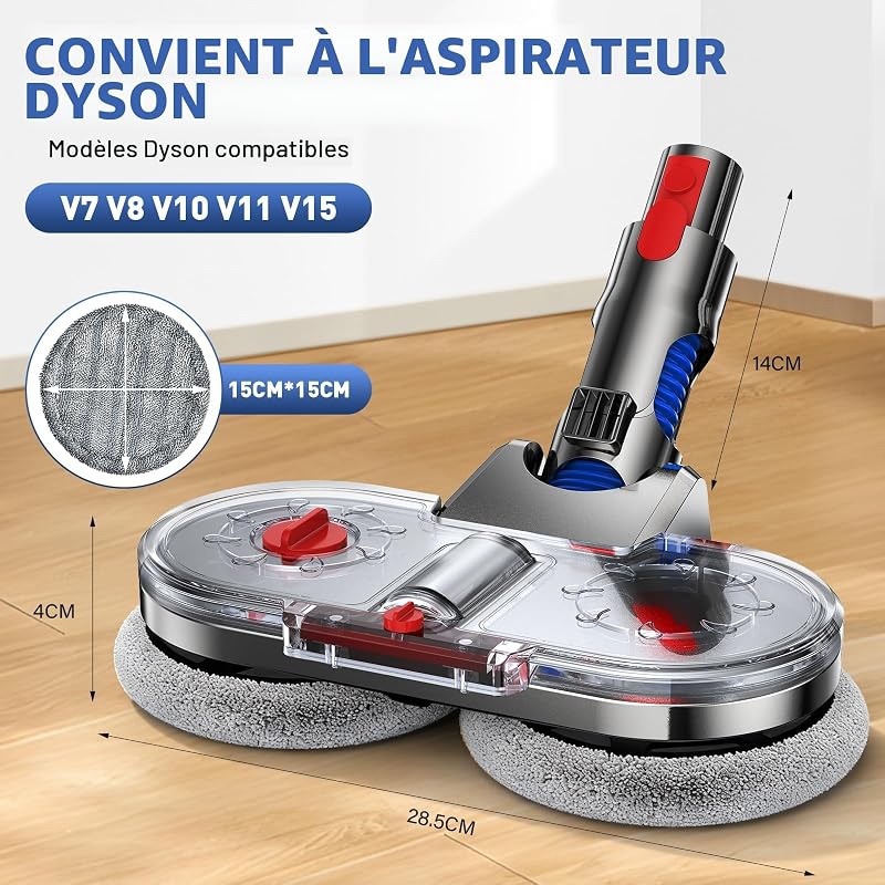 Tête de Vadrouille Electrique pour Dyson V7/V8/V10/V11/V15 Tête de Balai Électrique avec Réservoir d'eau Amovible, Réservoir de Remplissage et 8 Vadrouille Lavable pour Parquet Sols Durs