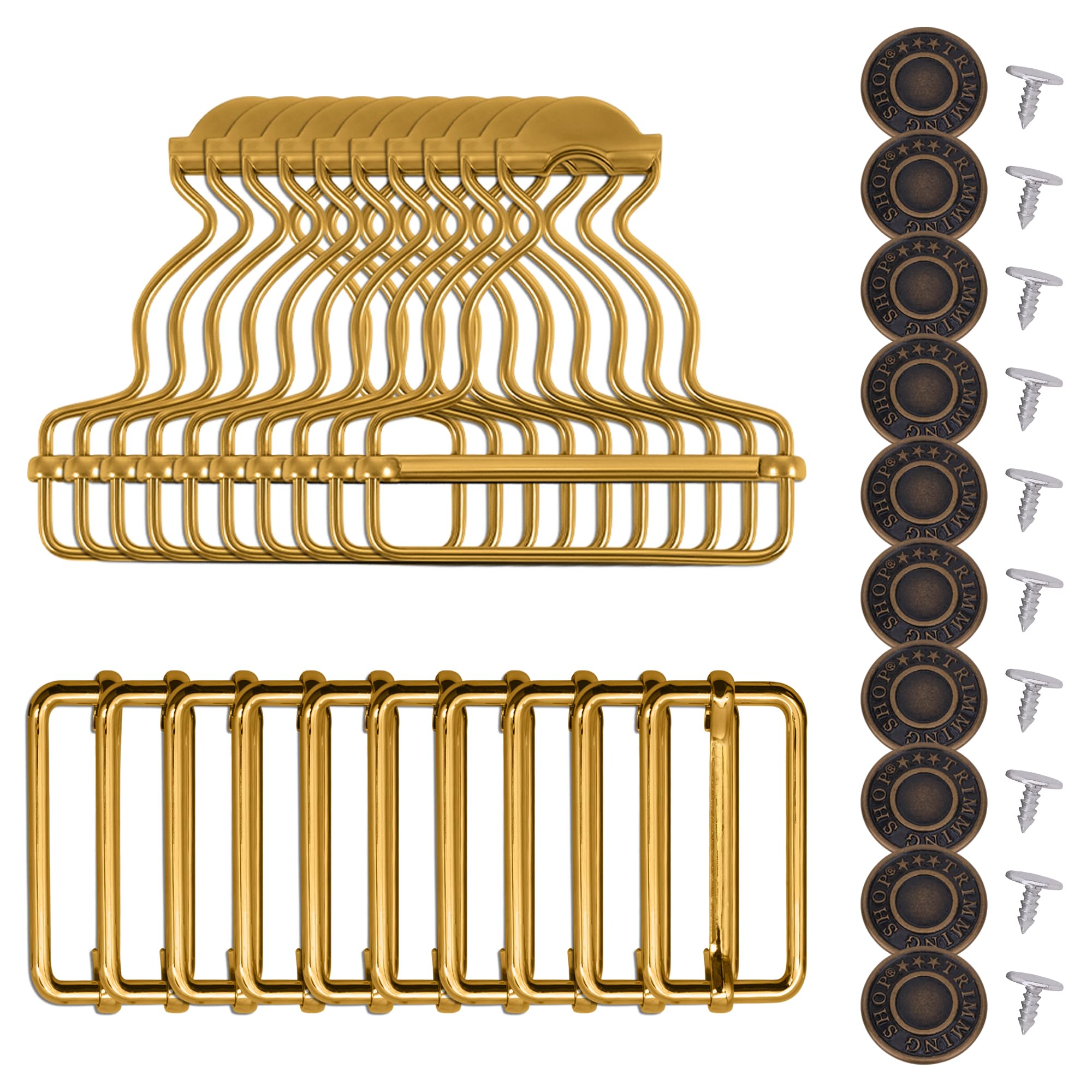 Trimming Shop 35mm Metal Dungaree Buckles with Tri-Glide Sliders & Jean Buttons – Heavy-Duty Fasteners for Overalls, Braces, Jackets, Pinafores, Bag Making & Sewing Projects, Bronze, 10pcs Set