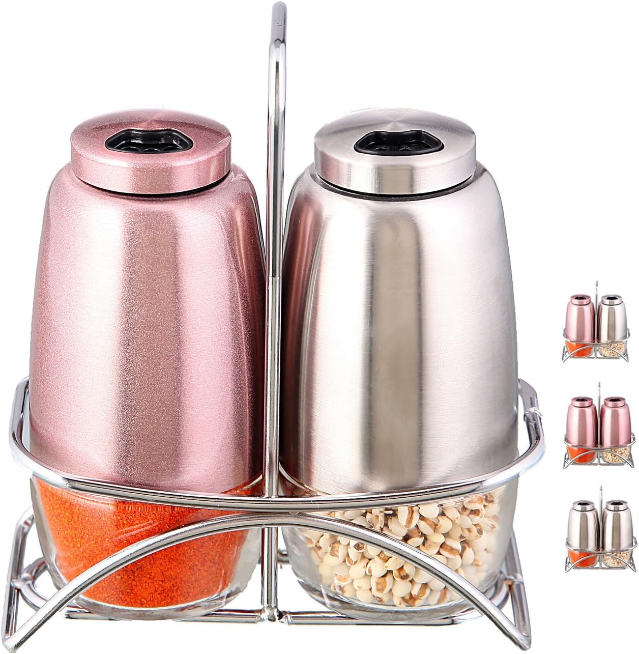 SILUKER Salt and Pepper Shakers with Stand - Modern Kitchen Stainless Steel Spice Bottle - Easily Clean with 2-Piece Design + Bonus Free Wooden Cooking Spoon(Silver & Rose Red)