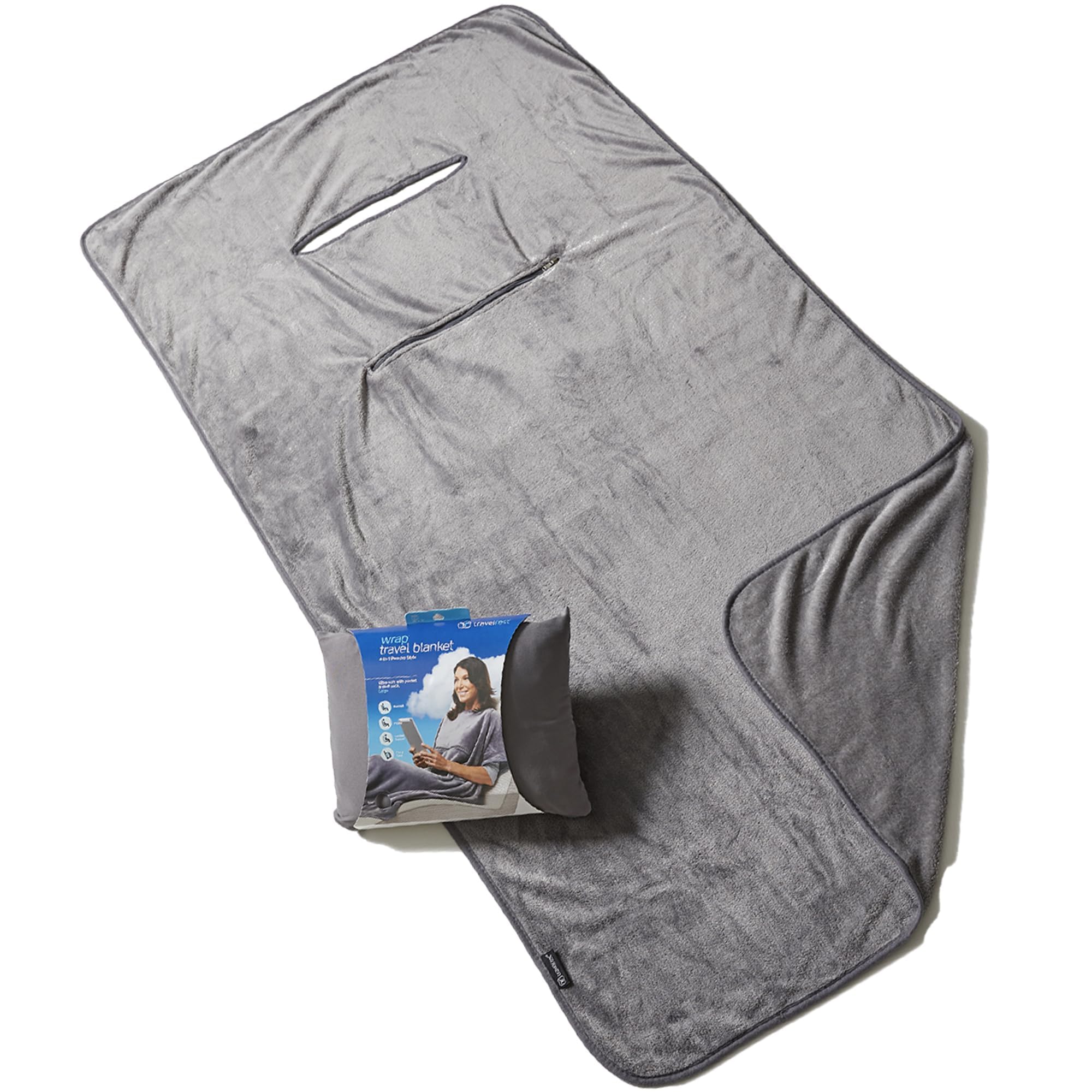 Travelrest 4-in-1 Travel Blanket - Pillow Blanket for Airplanes, Compact, Built in Carry Case, Ultra Plush and Soft for Long Travels, Wearable, Zippered Pocket - Grey, Regular