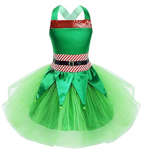Girls' Elf Christmas Costume Dress With Hat & Belt - Holiday Party Outfit For Kids