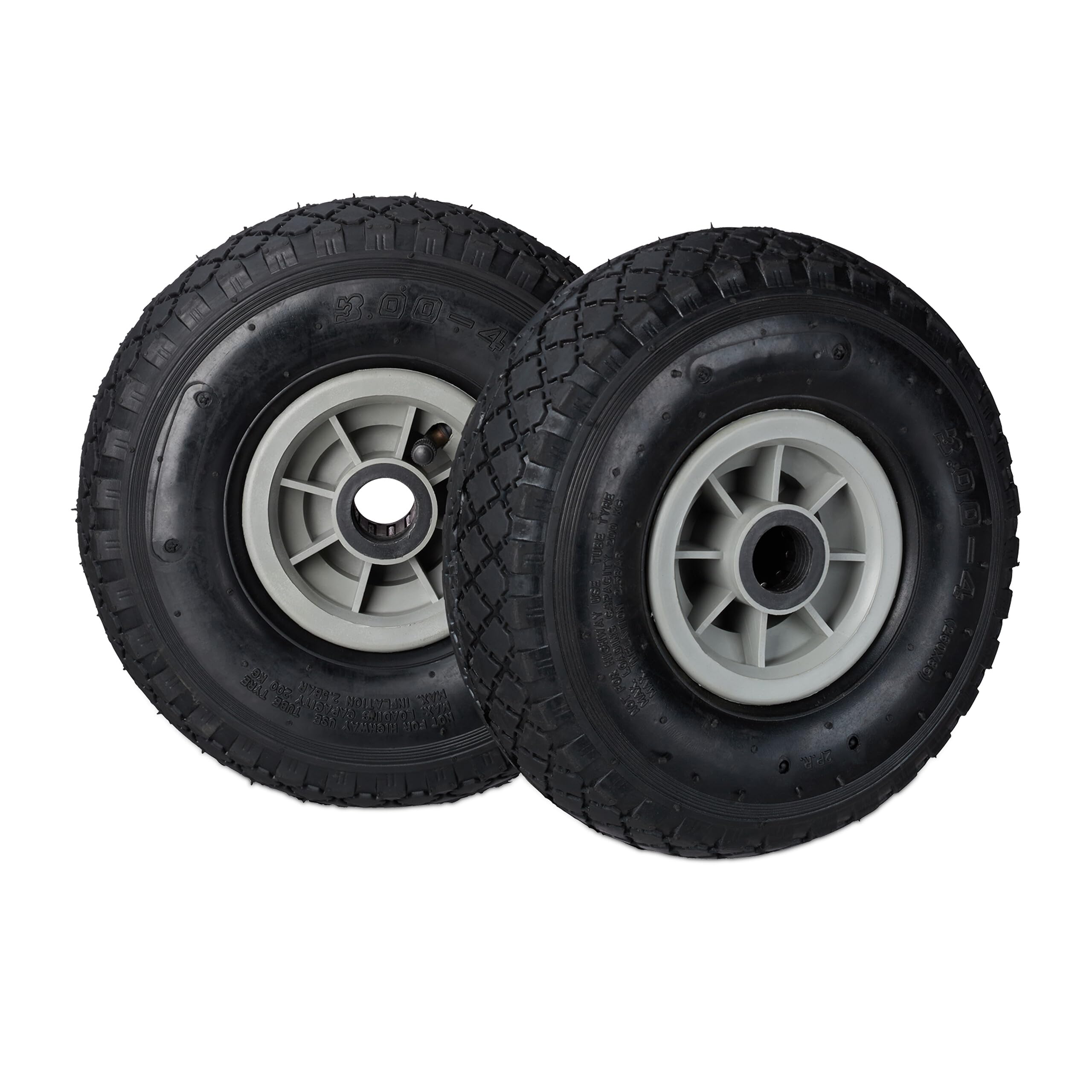 Relaxdays Hand Truck Wheels Set of 2, 3.00-4, Pneumatic Plastic Rim Tyres, 260x85 mm, Ø 25mm Axis, Black-Gray