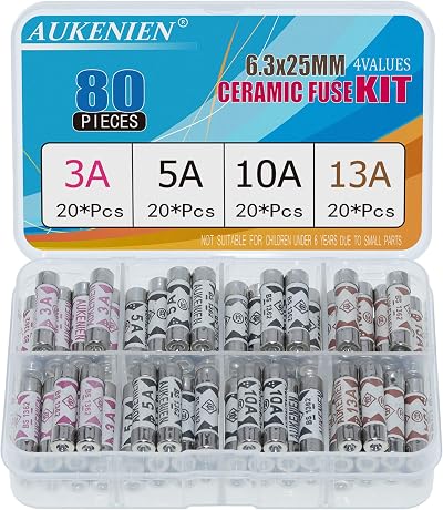 AUKENIEN BS1362 Fuse Assortment Kit 3A 5A 10A 13A 240V 80pcs 6.3x25mm