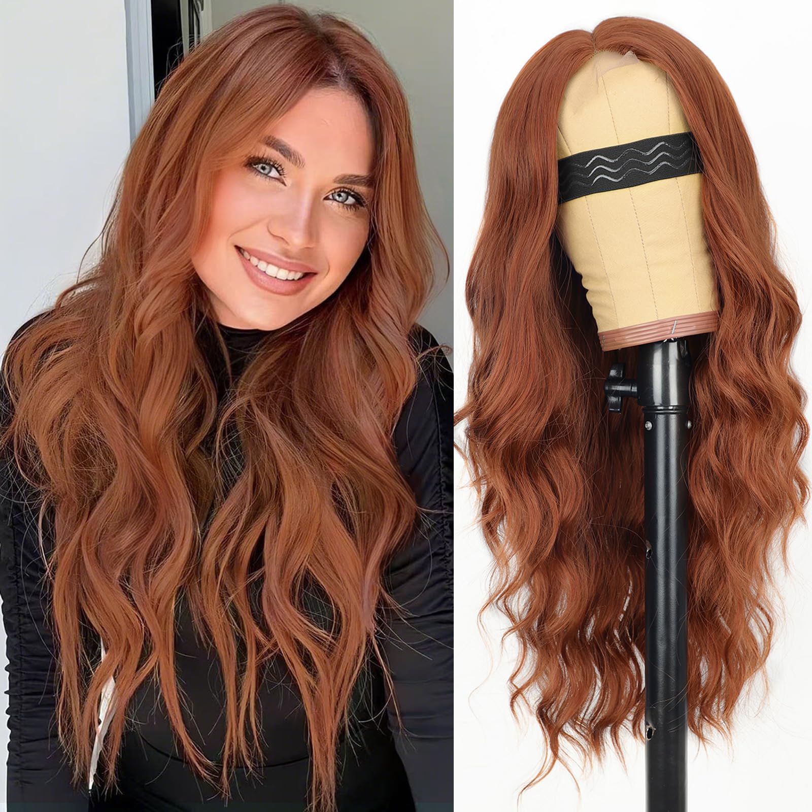 Photo 1 of AISI HAIR Ginger Wig for Women, Long Wavy Lace Hairline Middle Part Synthetic Heat Resistant Wig for Daily Party-26 Inch