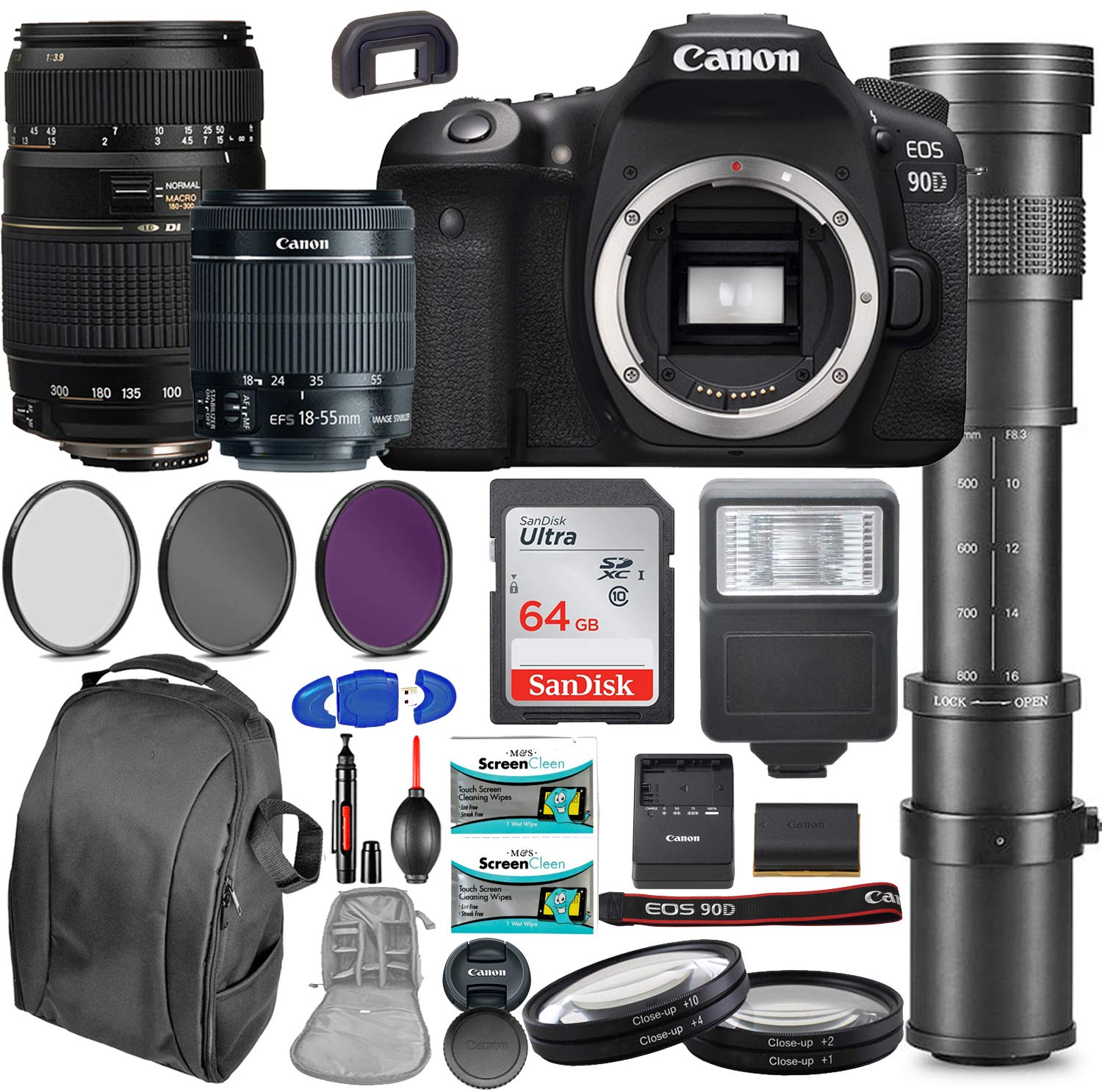 EOS 90D DSLR Camera kit with 18-55mm STM Lens + Tamron 70-300mm Zoom Lens + 420-800mm MF Zoom Teleph
