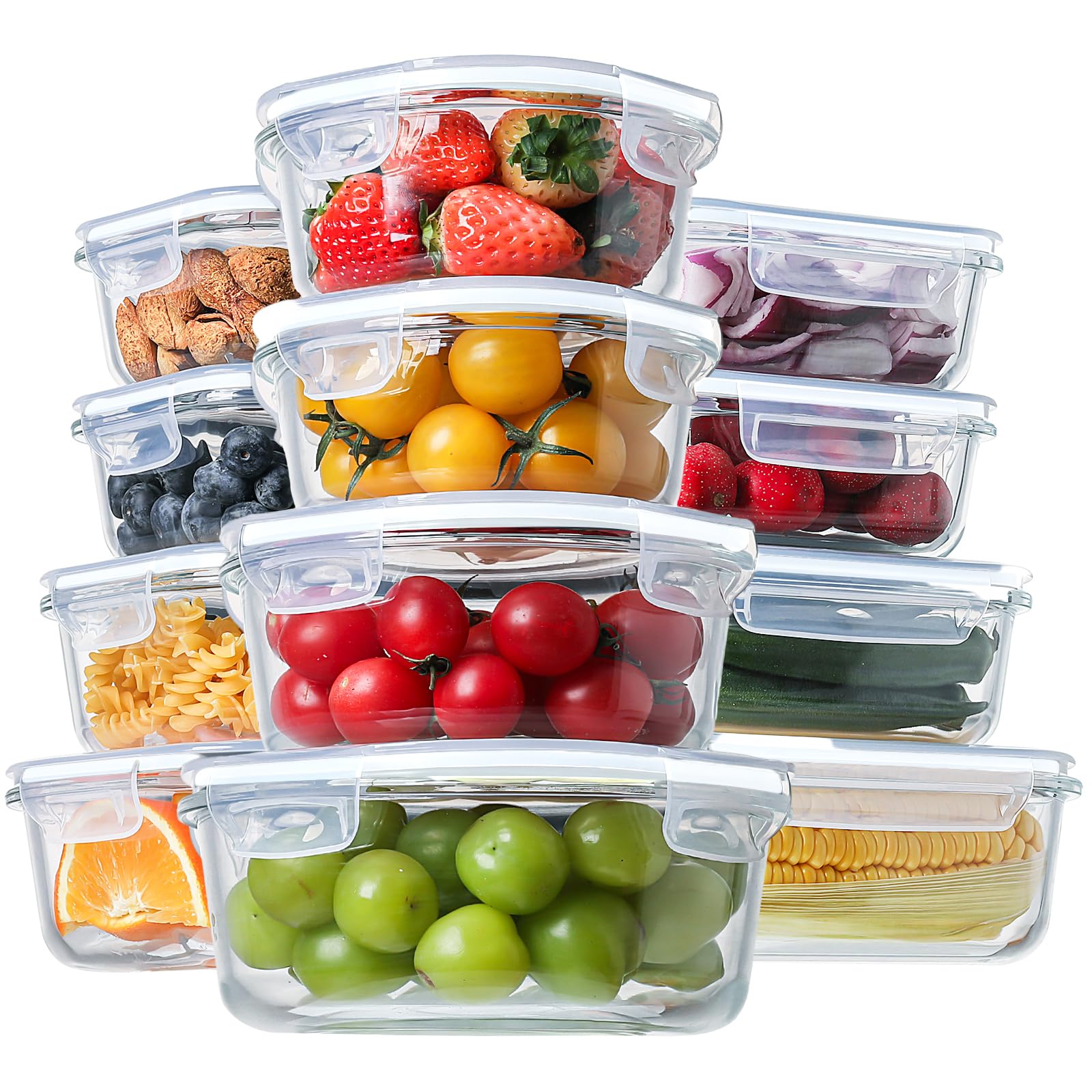 Photo 1 of HOMBERKING 24pc Glass Food Storage Containers with Lids, Glass Meal Prep Containers, Airtight Glass Bento Boxes, BPA Free & Leak Proof, Pantry Kitchen Storage(12 lids & 12 Containers) - White