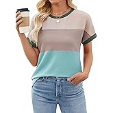 Cakrisyal Womens Color Block T Shirts Tops Fashion Short Sleeve Crewneck Knitted Spring Summer Casual Loose Fit