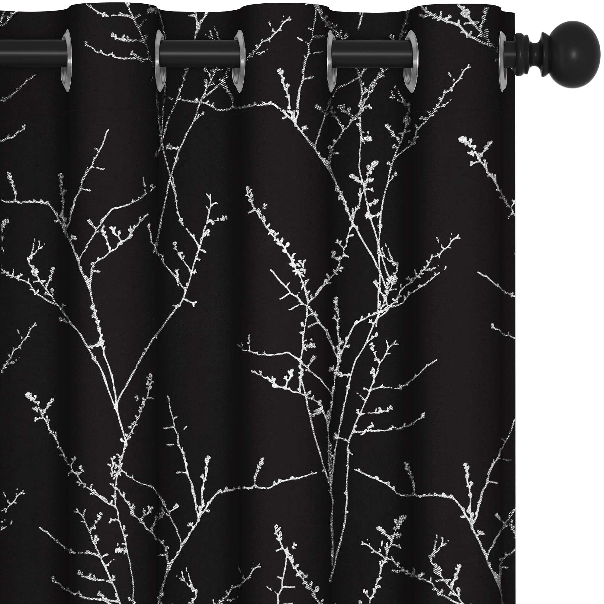 Deconovo Black Blackout Curtains Eyelet, Door Themal 84 Inch Drop, Energy Saving Tree Branches Printed Curtains for Living Room, 52 x 84 Inch (W x L), 2 Panels