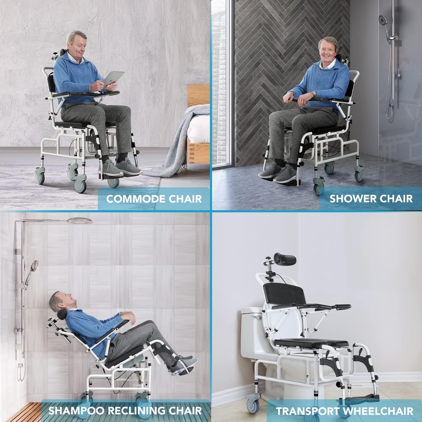 OasisSpace Personal Mobility Assist Bedside Commode Toilet Chair, Tilt Shower Commode Wheelchair, 4-in-1 Shampoo Chair 30° Reclining and Headrest, Adjustable Transport Rolling Chair(FSA HSA Eligible)