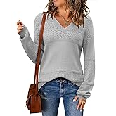 Zeagoo Womens 2026 Fall Sweaters Casual Long Sleeve Ribbed Knit Pullover V Neck Lightweight Crochet Pullover Sweater Top
