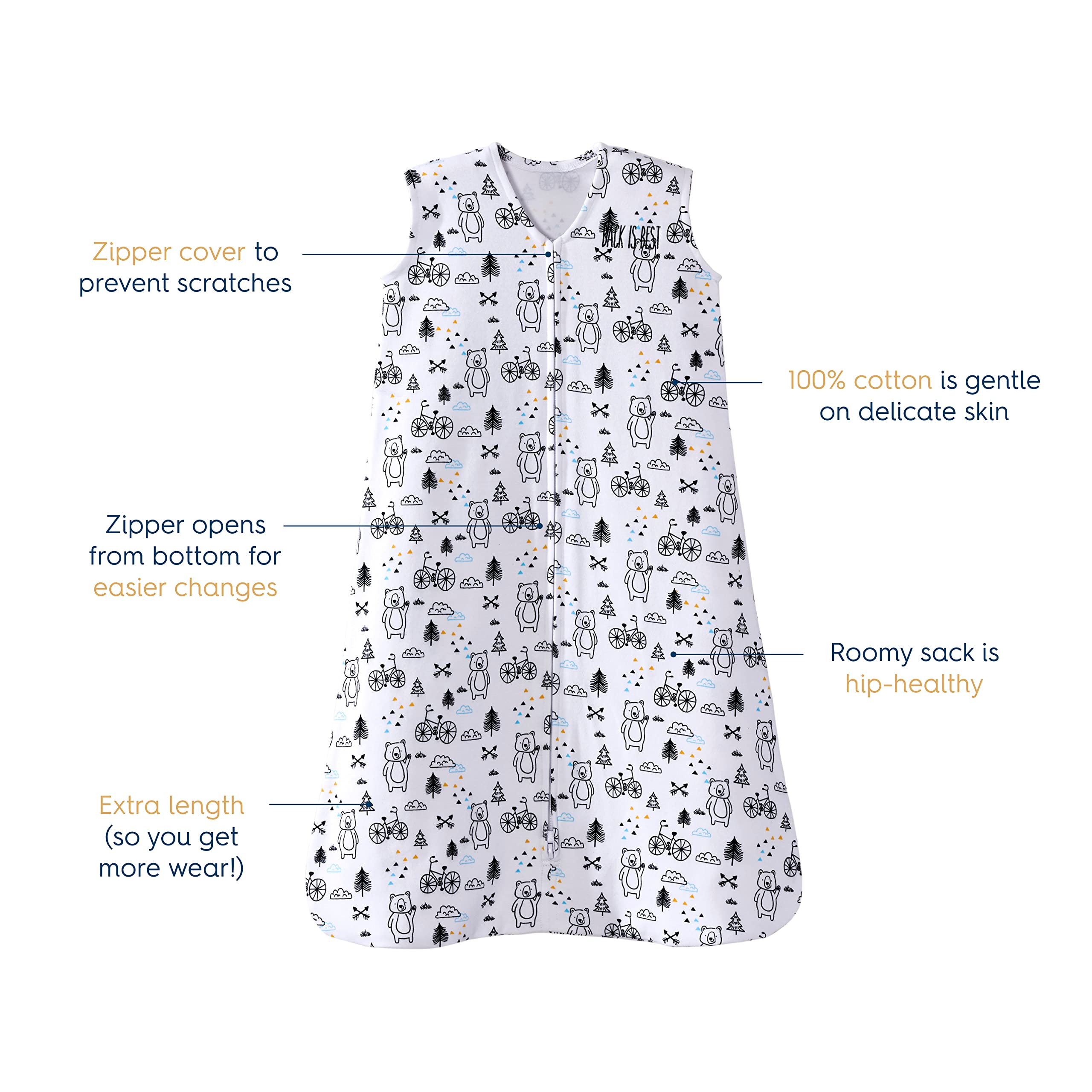 HALO SleepSack, 100% Cotton Wearable Blanket, Swaddle Transition Sleeping Bag, TOG 0.5, Huggy Bears, Medium, 6-12 Months