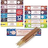 Satya Incense Sticks - Nag Champa, Namaste, Positive Vibes, Tantra, Buddha Blessing, Aura Cleansing, Chakra, Pyramids, Reiki, Karma, Spiritual, Traditional Ayurveda, Pack of 12 Assorted Fragrances