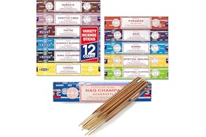 Satya Incense Sticks - Nag Champa, Namaste, Positive Vibes, Tantra, Buddha Blessing, Aura Cleansing, Chakra, Pyramids, Reiki, Karma, Spiritual, Traditional Ayurveda, Pack of 12 Assorted Fragrances