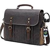 Vintage Mens Messenger Bag 15.6 inches Waterproof Genuine Leather Waxed Canvas Satchel Shoulder Bag Briefcase Laptop Bag with Charging,Headset Port Gray