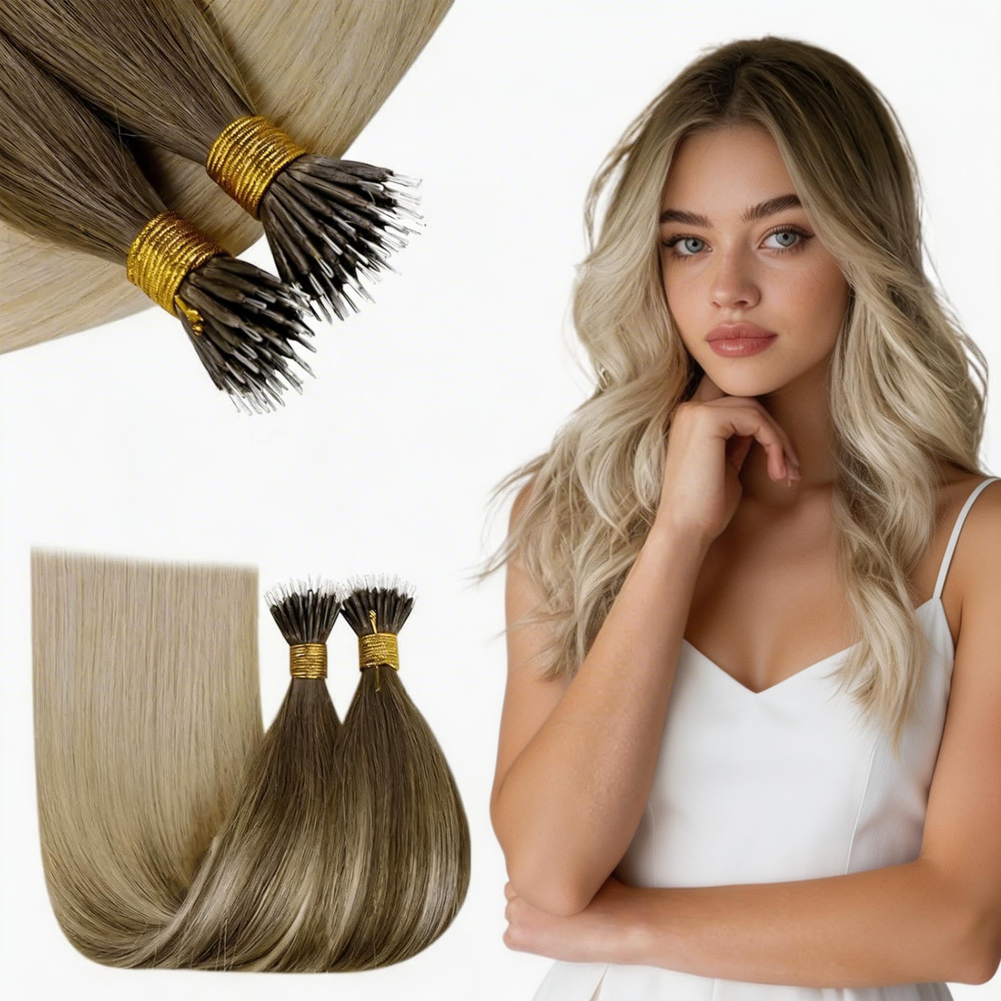 RUNATURE Nano Hair Extensions Real Human Hair 24 Inch Nano Beads Hair Extensions Human Hair Balayage Light Brown to Light Blonde Invisible Nano Rings Straight Remy Hair 50g 50s #8/60 — image 1