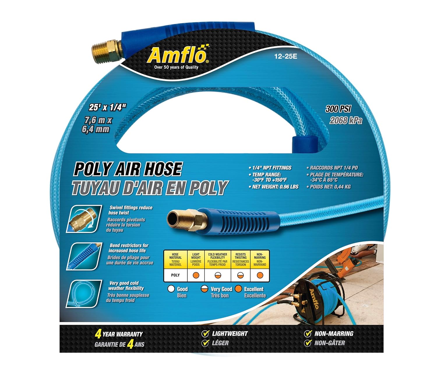 Plews & Edelmann Amflo 12-25E Polyurethane Air Hose - Non-marring, Smooth Finish, Easy to carry, Lightweight, Cold Weather Flexible, Great Indoors or Out, 1/4" X 25', Blue, 25 ft: Air Tool Hoses: Industrial & Scientific