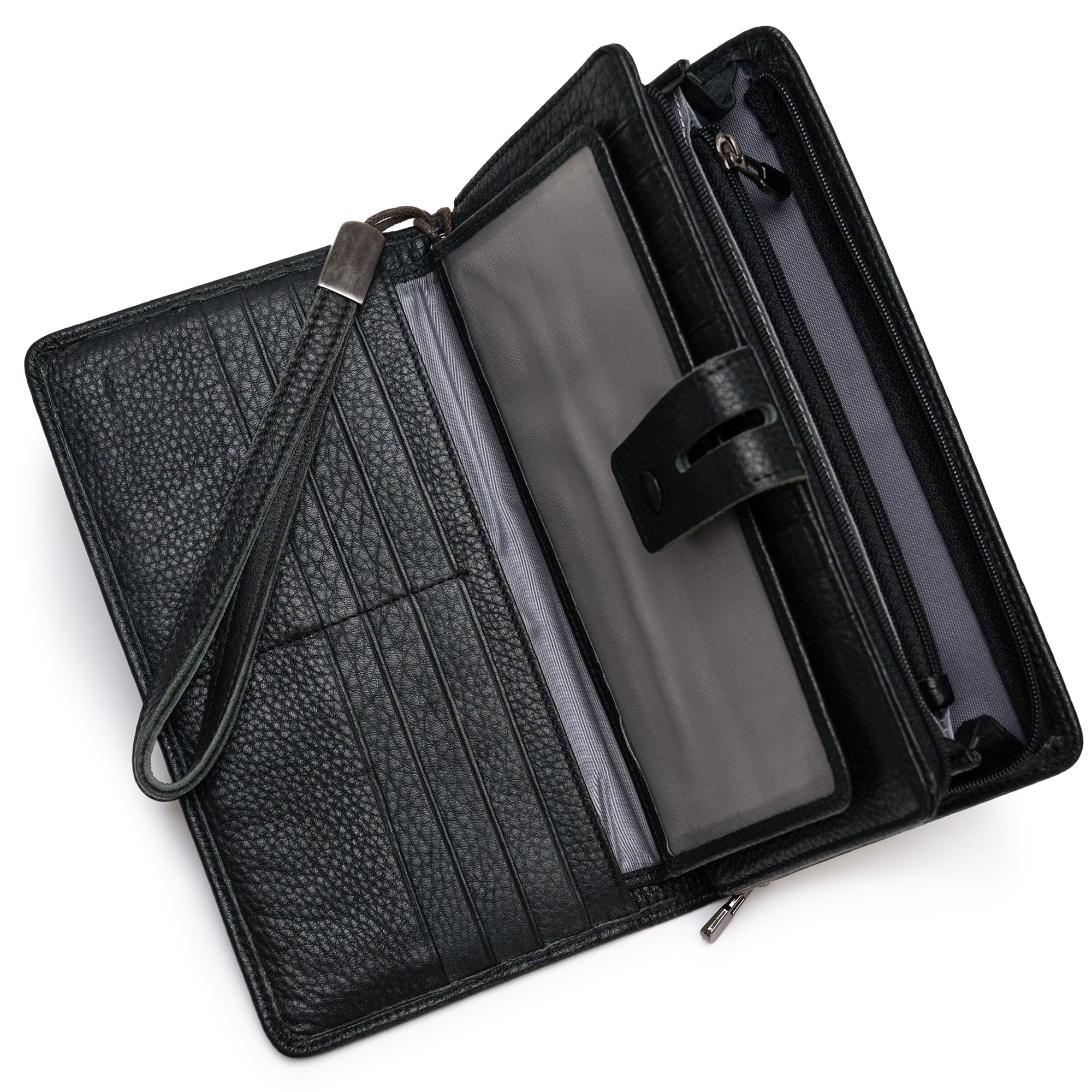 Women's Big Fat RFID Blocking Leather Clutch Wallet Organizer Checkbook Holder (Black)