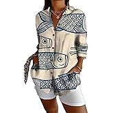 Womens Tops Long Sleeve Shirts Casual Botton Down Floral Printed V Neck Collared Dressy Blouses L Blue Fish