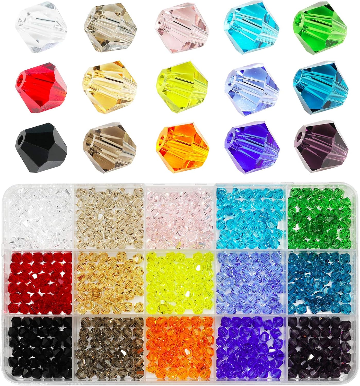 BALABEAD 6mm Bicone Faceted Crystal Glass Beads for Jewelry Making DIY Beads for Bracelet 15 Colors Mix Lot in Box (Total 600pcs)